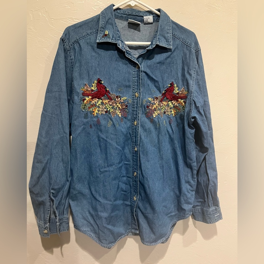 Bobbie Brooks Top Womens Embroidered Floral Cardinal Fall Denim M Denim vintage